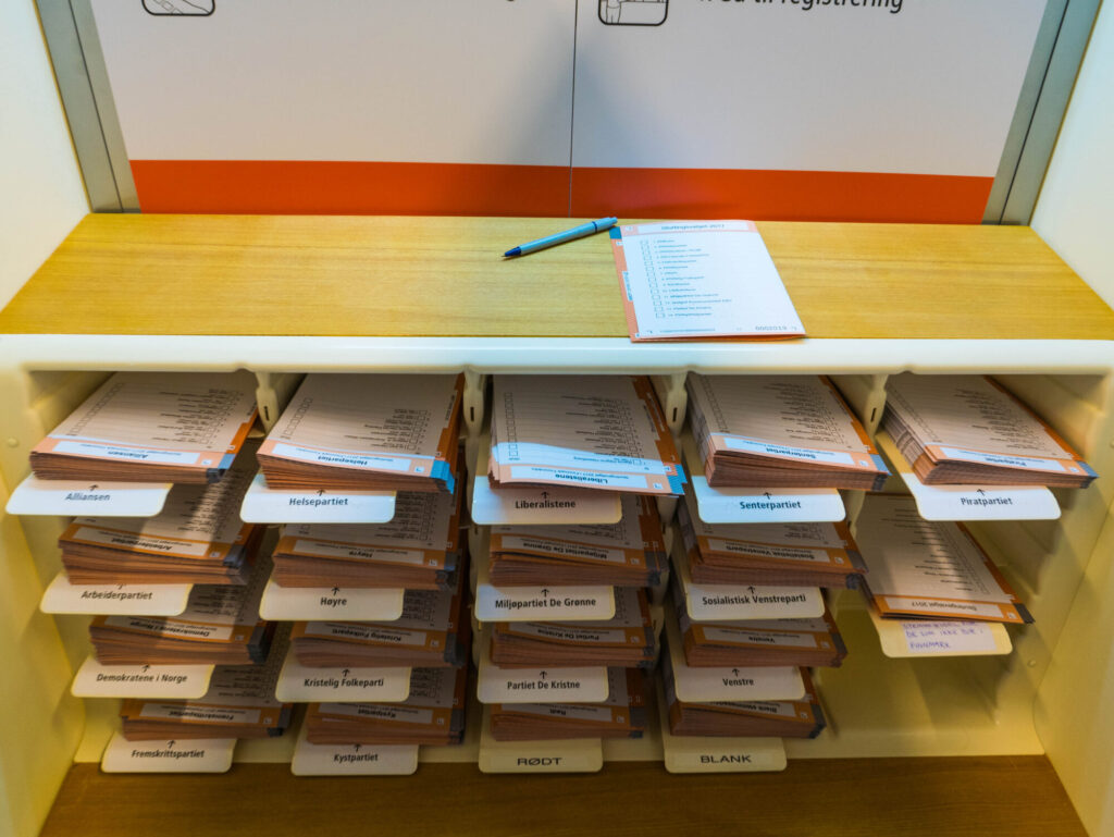 Lister for ulike norske partier ligge fremme i et valgavlukke.